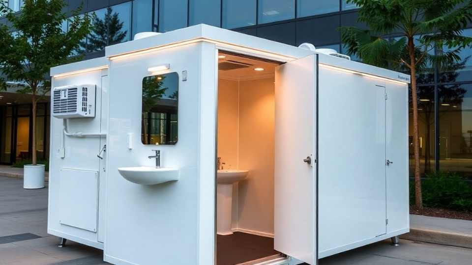 An upscale portable bathroom trailer showcasing modern design and luxury features.