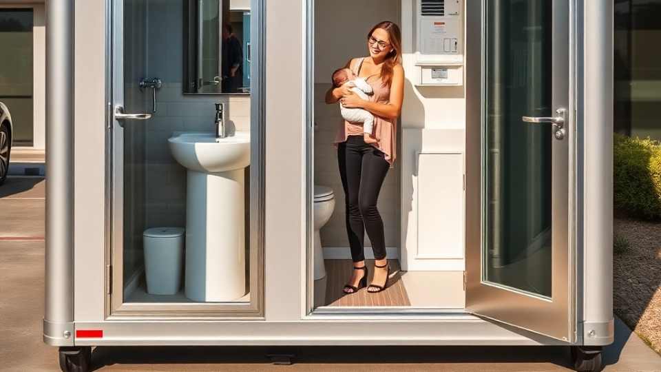 An upscale portable restroom rental setup at an outdoor event, showcasing luxury amenities and branding.